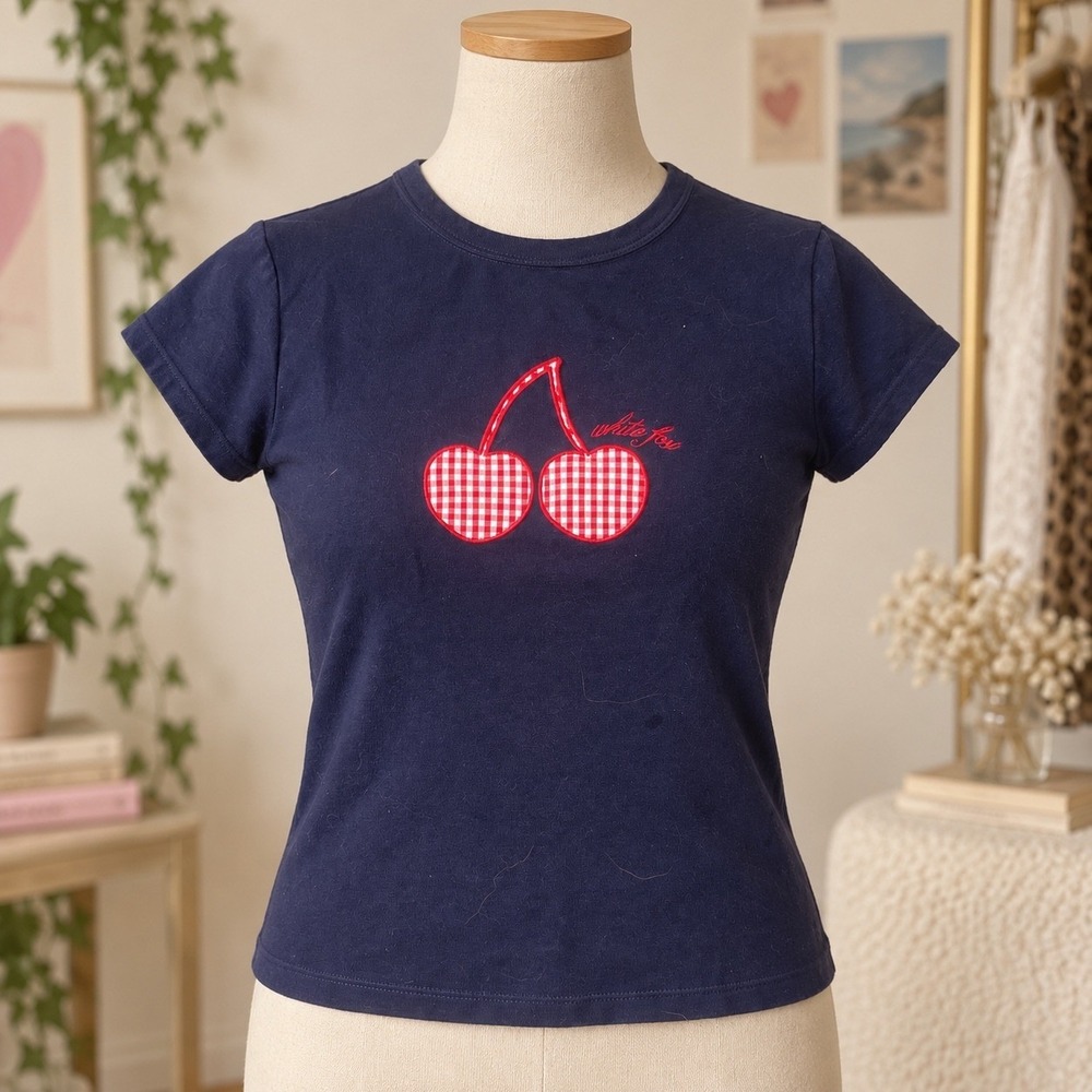 White Fox Navy Blue Cherry Gingham Graphic Baby Tee Short Sleeve Shirt Small